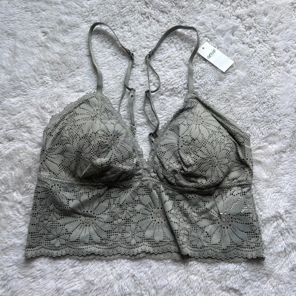 Aerie Women Sage Green Floral Crochet Lace Longline Bralette 3358-341 Small NWT